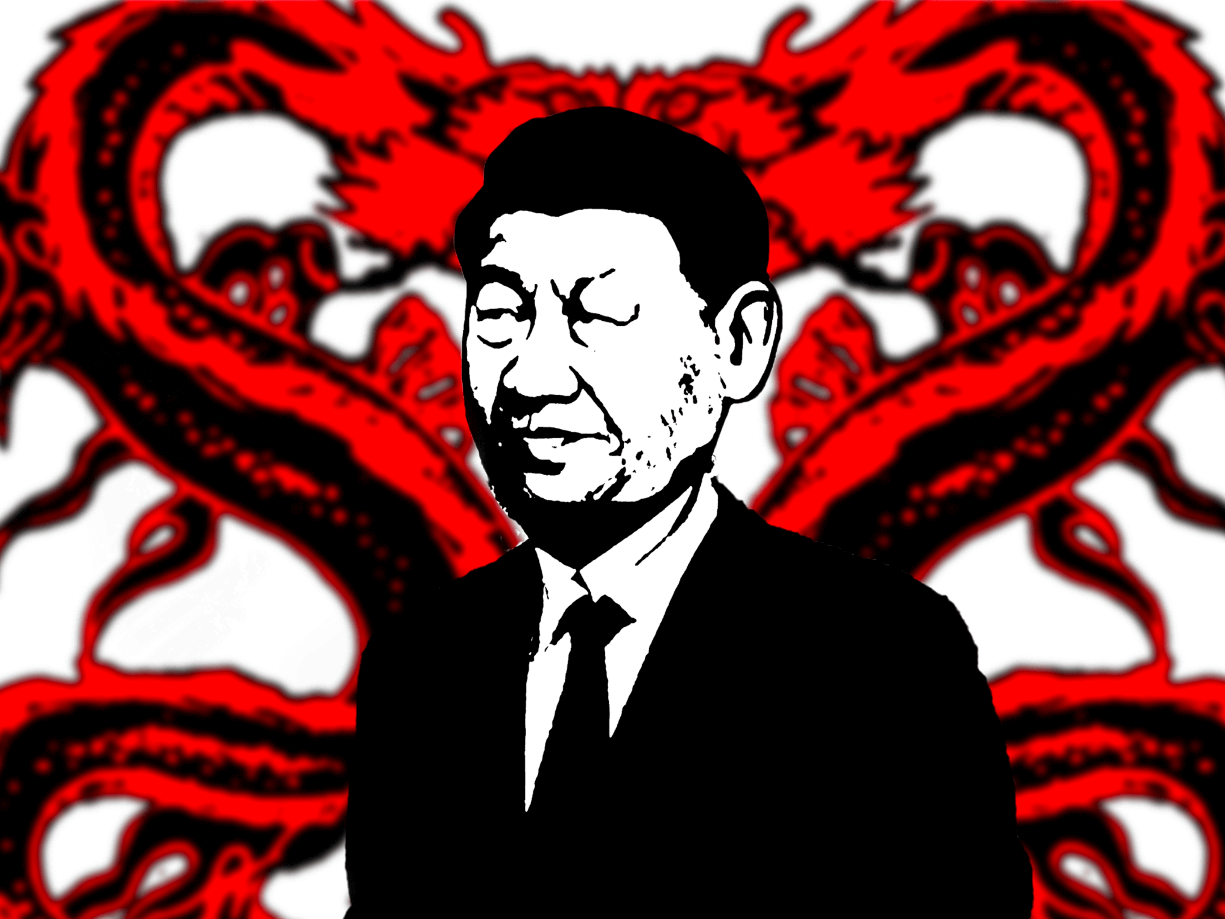 A stylized black-and-white image of Xi Jinping, the leader of China, set against a dramatic red dragon background.