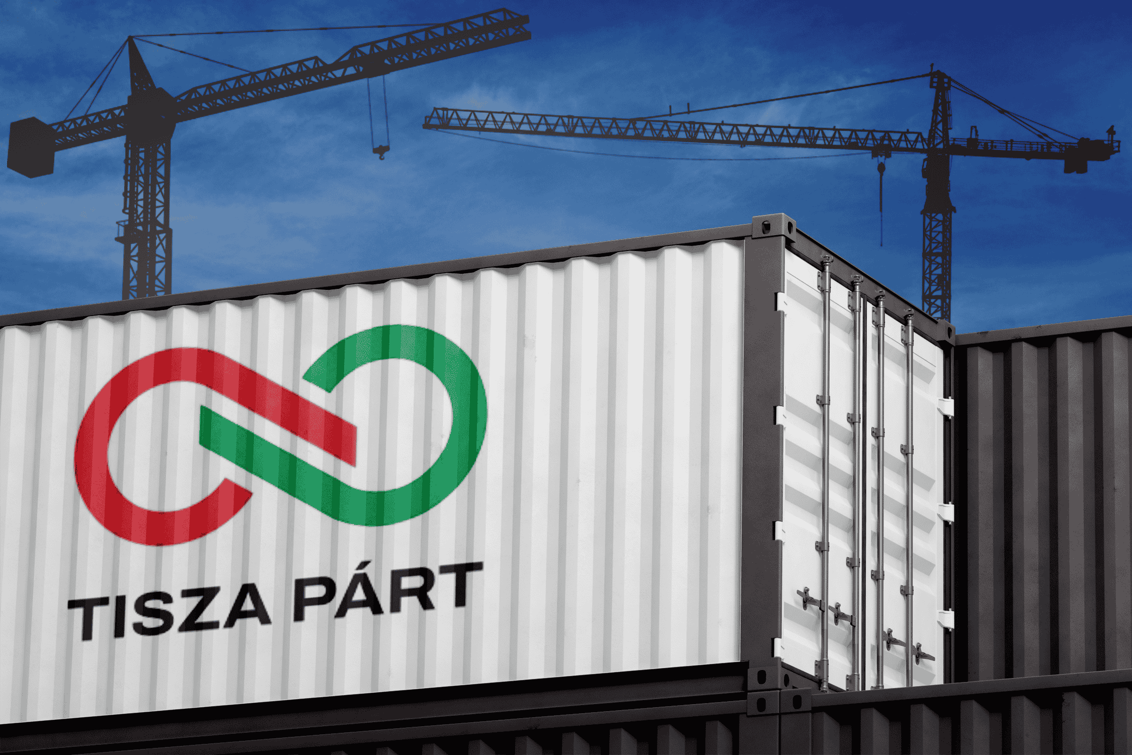 A shipping container with the Tisza Párt logo, featuring a red and green circular design, stands in a construction site with cranes in the background against a blue sky