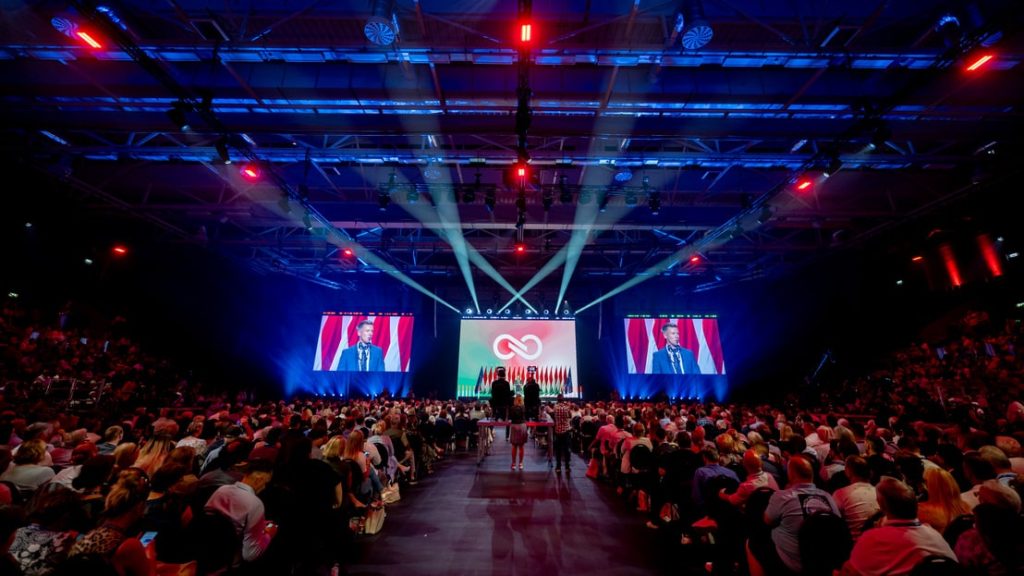 A large crowd gathered at the Tisza Party congress in Nagykanizsa, held on July 12, with a stage featuring the Tisza logo